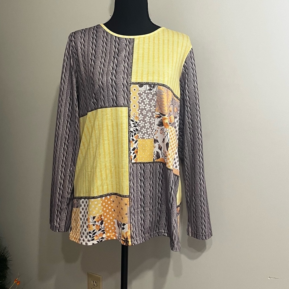 Patchwork Long Sleeve Top - Yellow and Gray Sz L - Picture 1 of 8